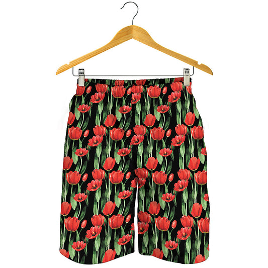 Red Watercolor Tulip Pattern Print Men's Shorts
