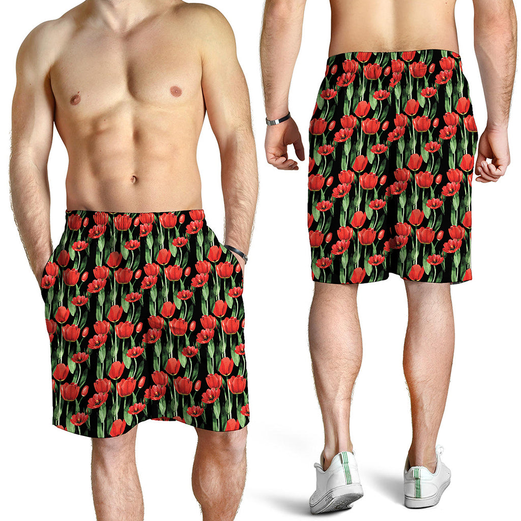 Red Watercolor Tulip Pattern Print Men's Shorts