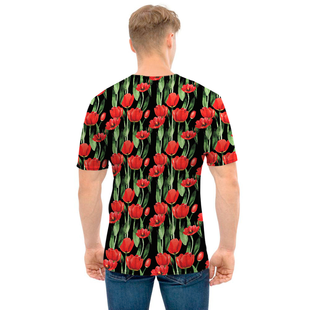 Red Watercolor Tulip Pattern Print Men's T-Shirt