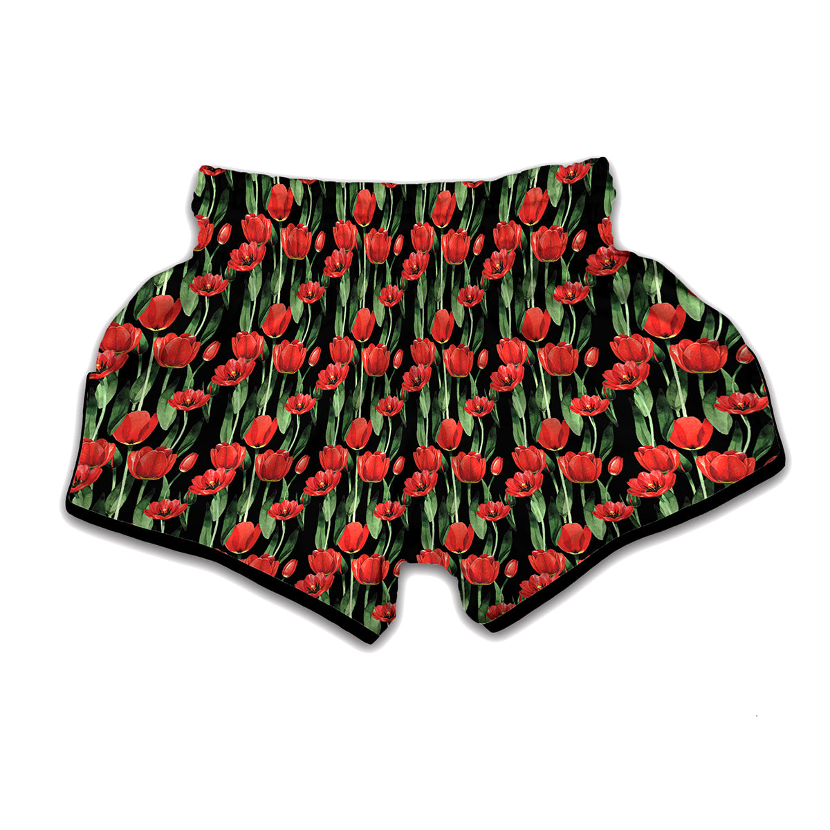 Red Watercolor Tulip Pattern Print Muay Thai Boxing Shorts