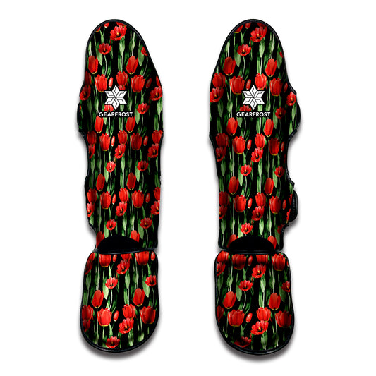 Red Watercolor Tulip Pattern Print Muay Thai Shin Guard