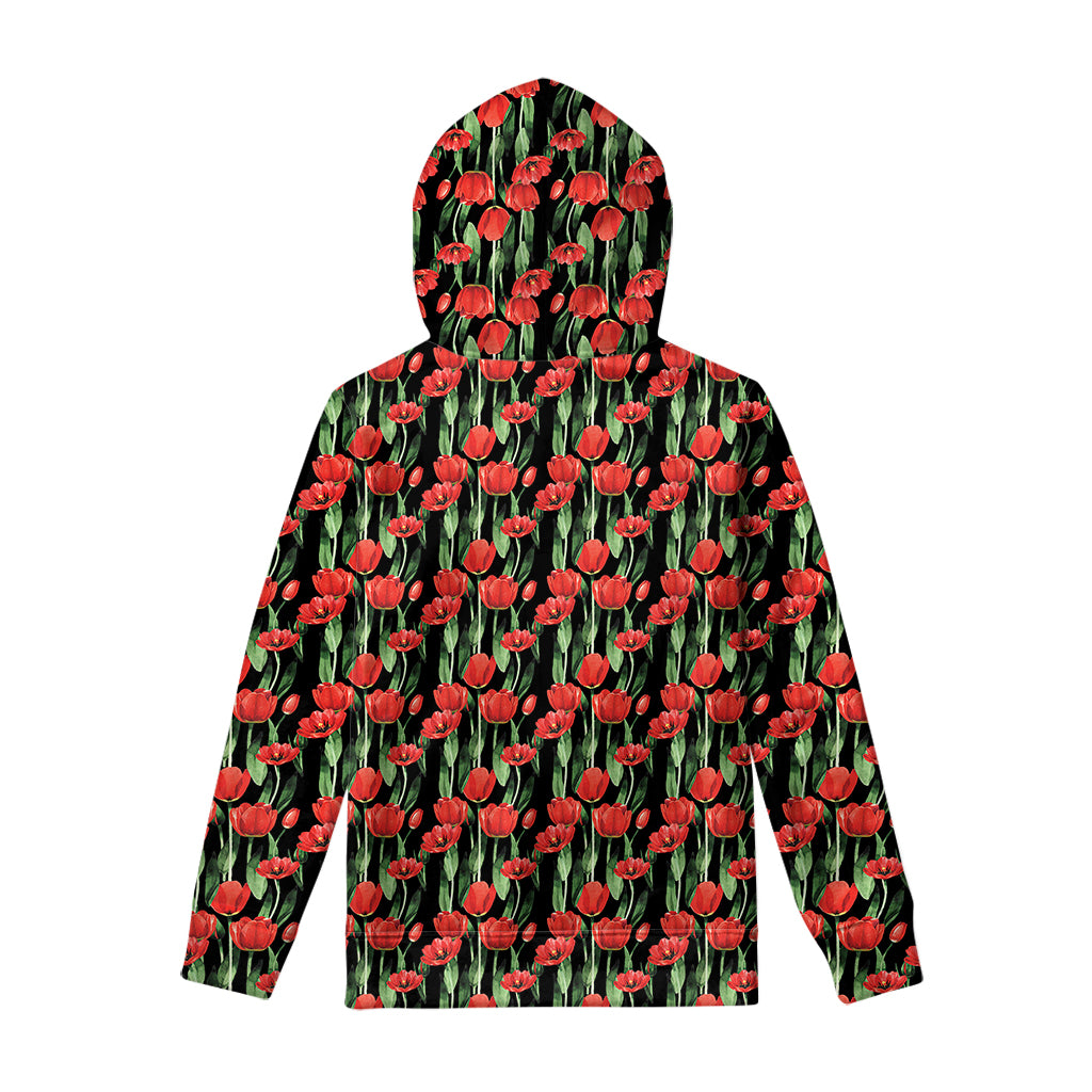 Red Watercolor Tulip Pattern Print Pullover Hoodie