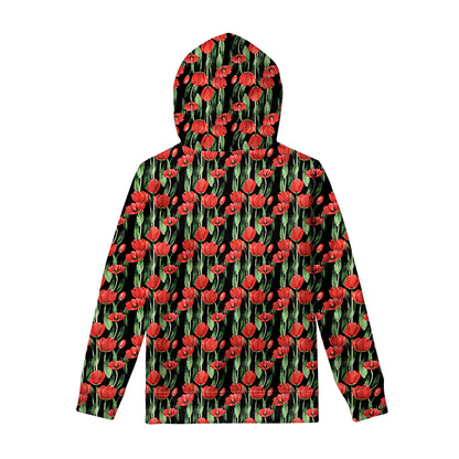 Red Watercolor Tulip Pattern Print Pullover Hoodie