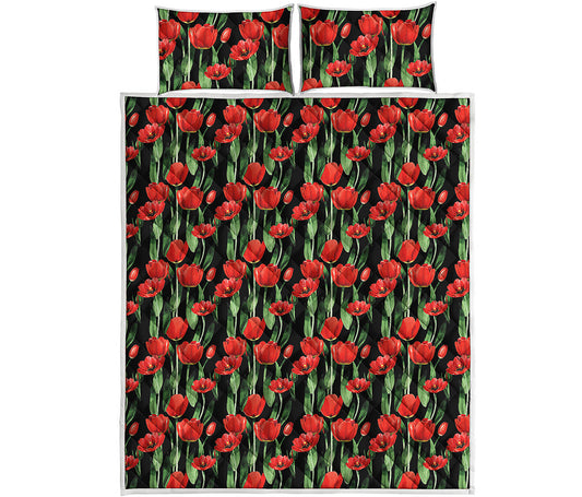 Red Watercolor Tulip Pattern Print Quilt Bed Set