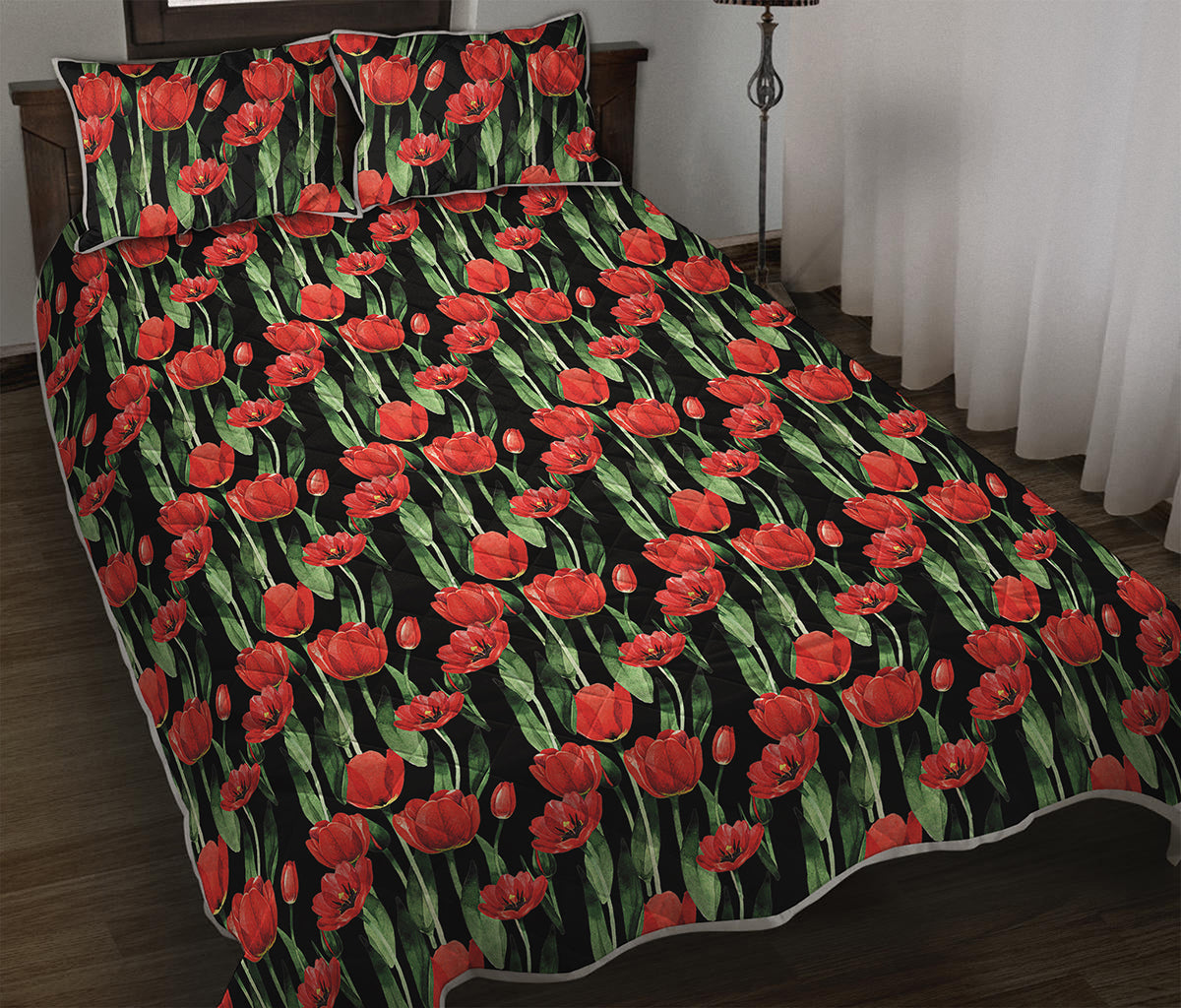 Red Watercolor Tulip Pattern Print Quilt Bed Set