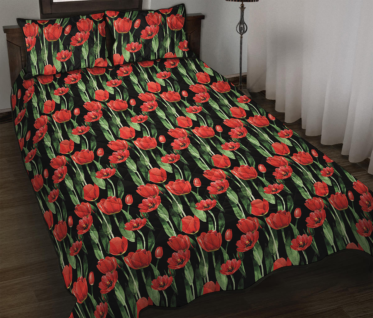 Red Watercolor Tulip Pattern Print Quilt Bed Set
