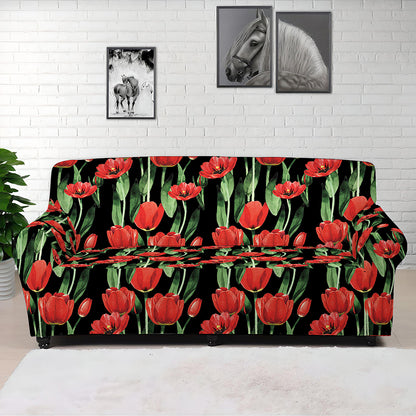 Red Watercolor Tulip Pattern Print Sofa Cover