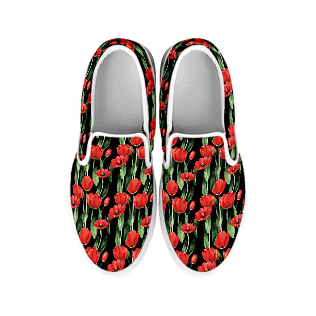 Red Watercolor Tulip Pattern Print White Slip On Shoes