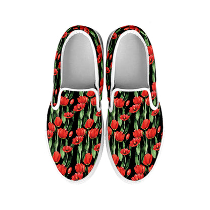 Red Watercolor Tulip Pattern Print White Slip On Shoes