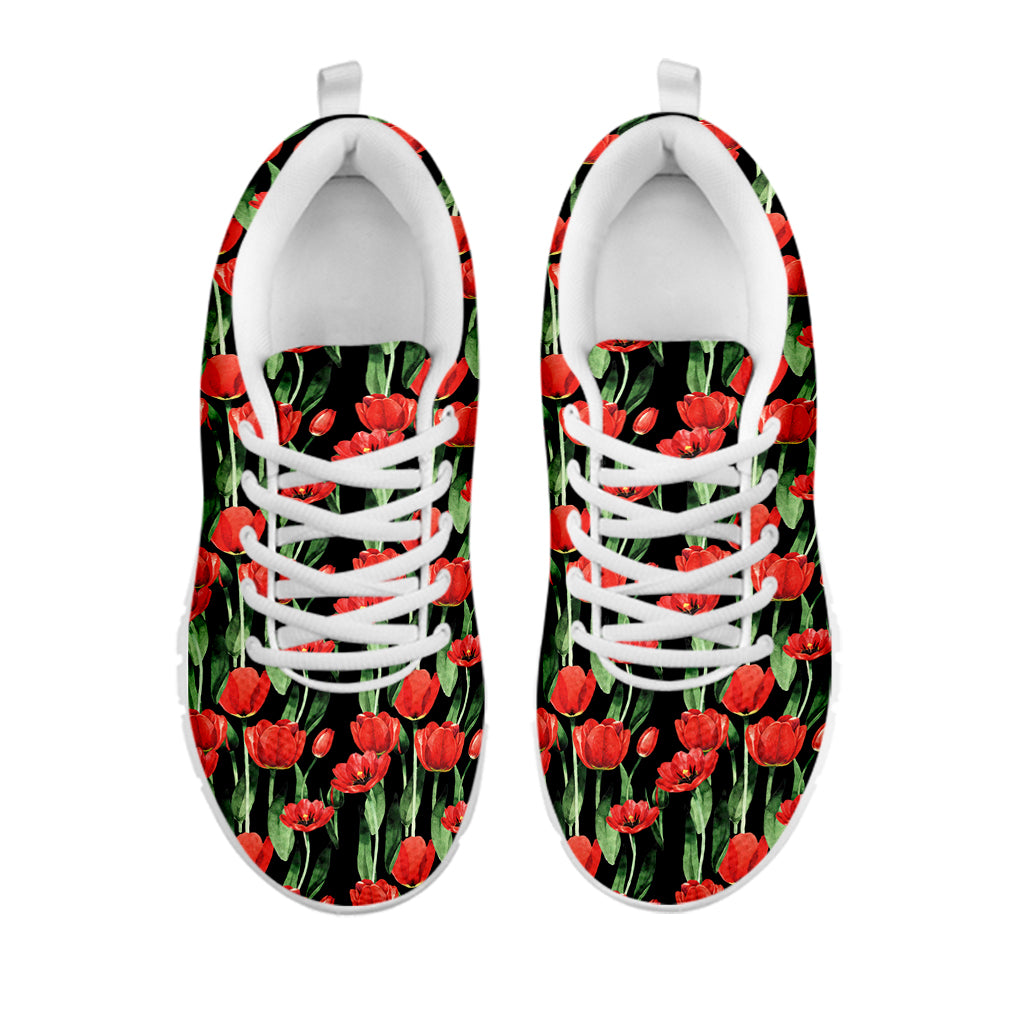 Red Watercolor Tulip Pattern Print White Sneakers
