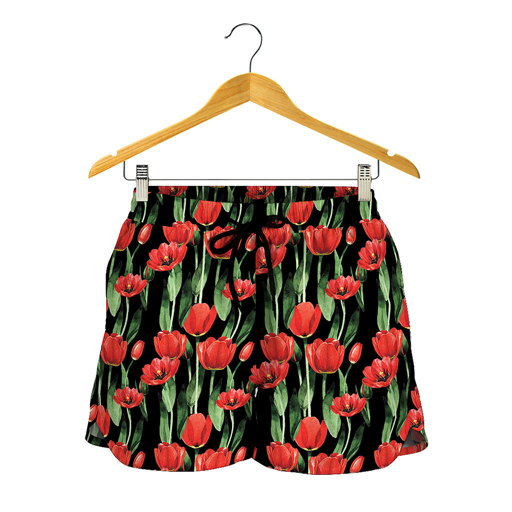 Red Watercolor Tulip Pattern Print Women's Shorts