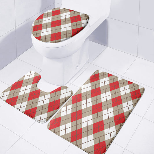 Red White And Beige Argyle Pattern Print 3 Piece Bath Mat Set