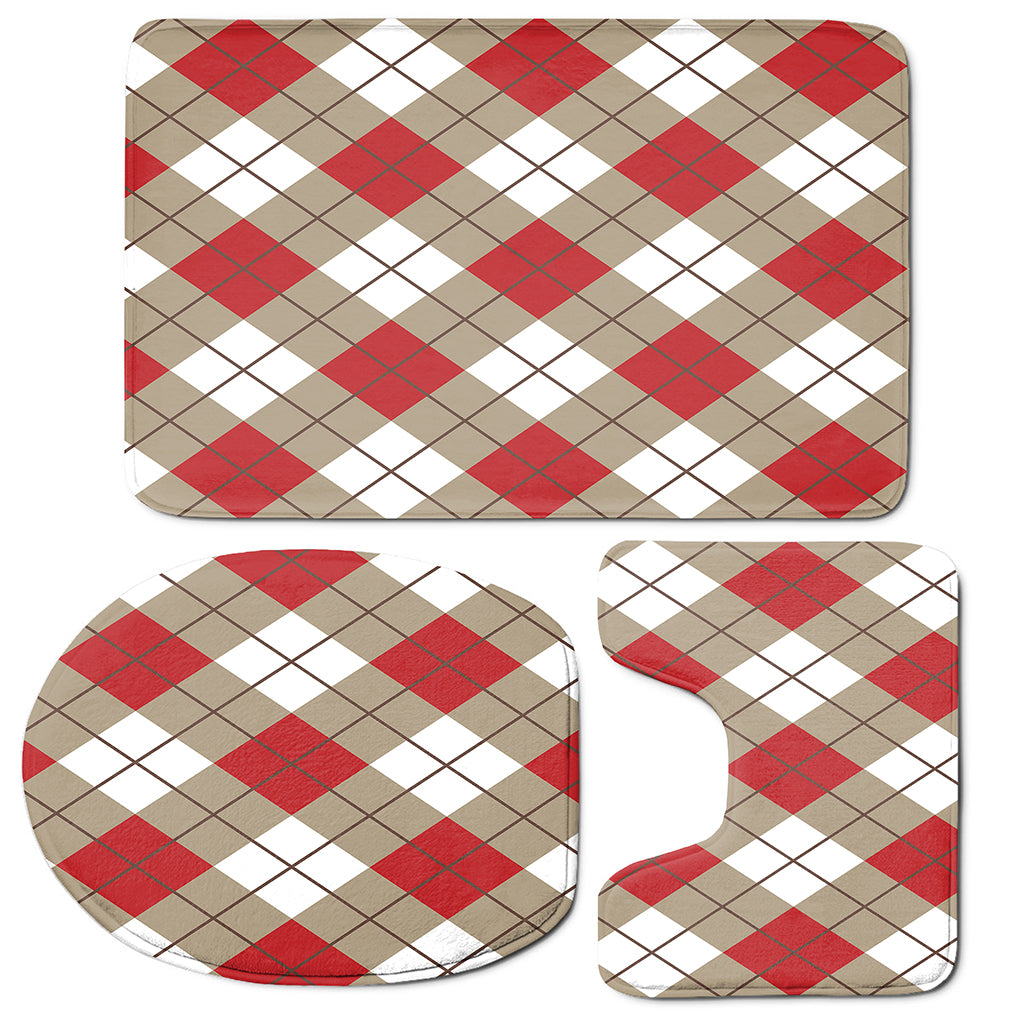 Red White And Beige Argyle Pattern Print 3 Piece Bath Mat Set