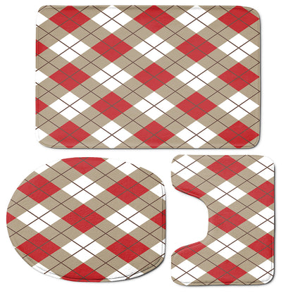 Red White And Beige Argyle Pattern Print 3 Piece Bath Mat Set