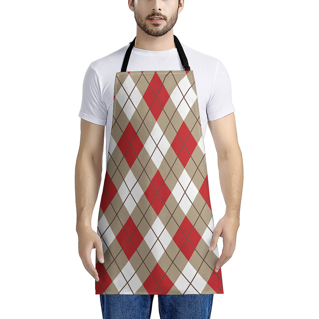 Red White And Beige Argyle Pattern Print Apron