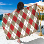 Red White And Beige Argyle Pattern Print Beach Sarong Wrap