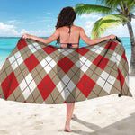 Red White And Beige Argyle Pattern Print Beach Sarong Wrap