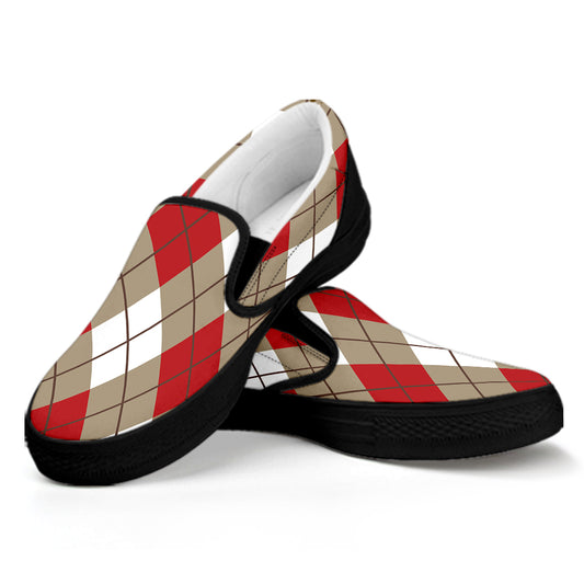Red White And Beige Argyle Pattern Print Black Slip On Shoes