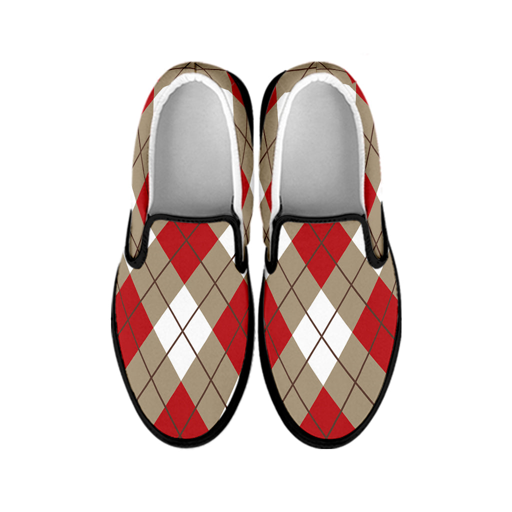 Red White And Beige Argyle Pattern Print Black Slip On Shoes