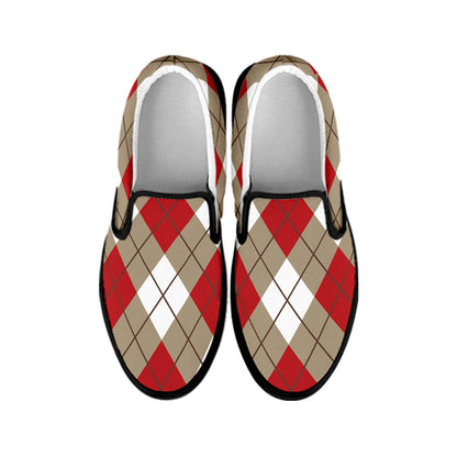 Red White And Beige Argyle Pattern Print Black Slip On Shoes