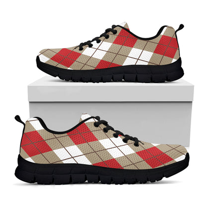 Red White And Beige Argyle Pattern Print Black Sneakers