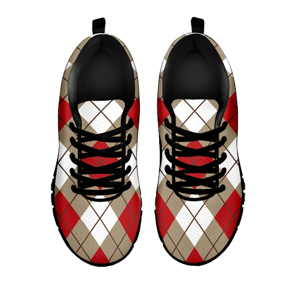 Red White And Beige Argyle Pattern Print Black Sneakers
