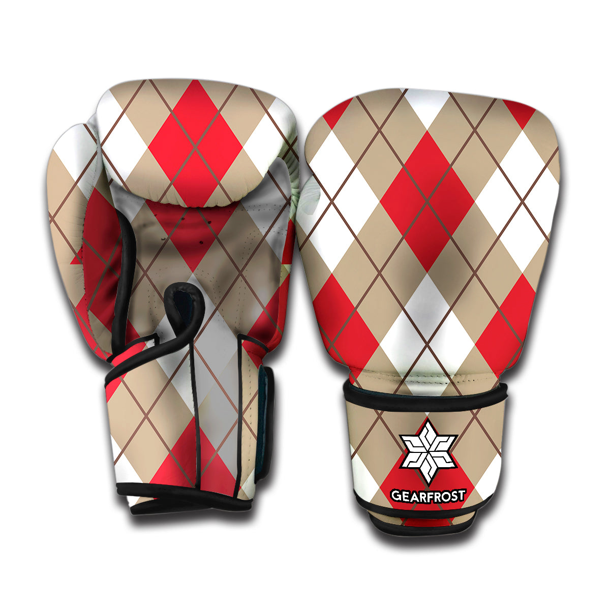 Red White And Beige Argyle Pattern Print Boxing Gloves
