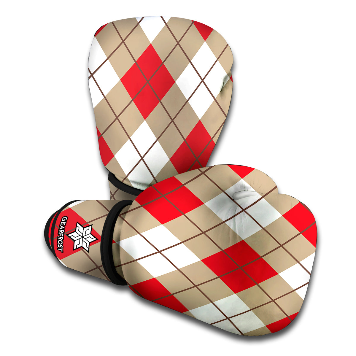 Red White And Beige Argyle Pattern Print Boxing Gloves