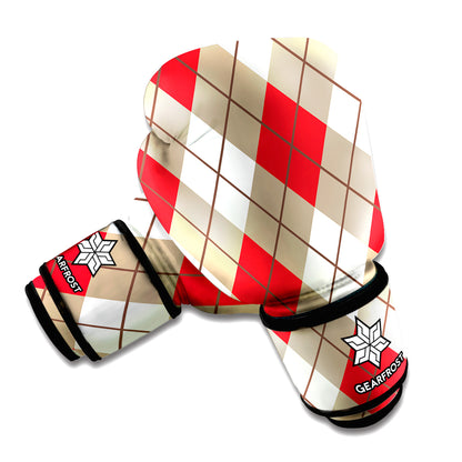 Red White And Beige Argyle Pattern Print Boxing Gloves
