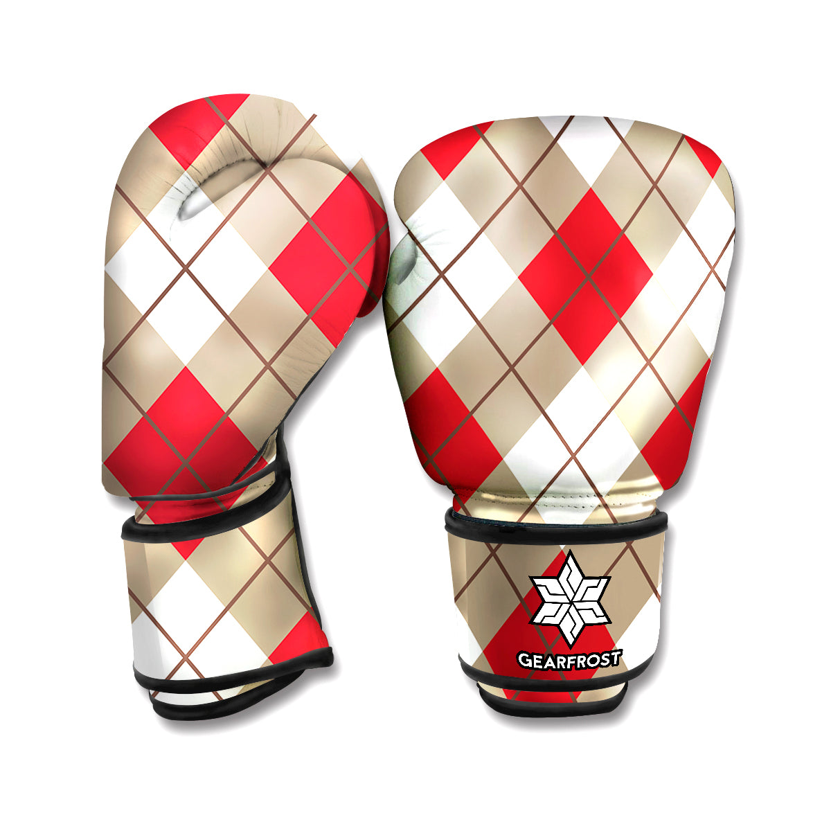 Red White And Beige Argyle Pattern Print Boxing Gloves
