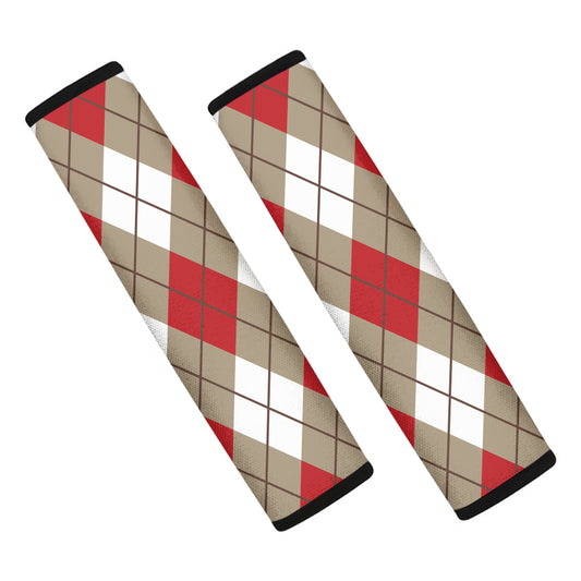 Red White And Beige Argyle Pattern Print Car Seat Belt Covers
