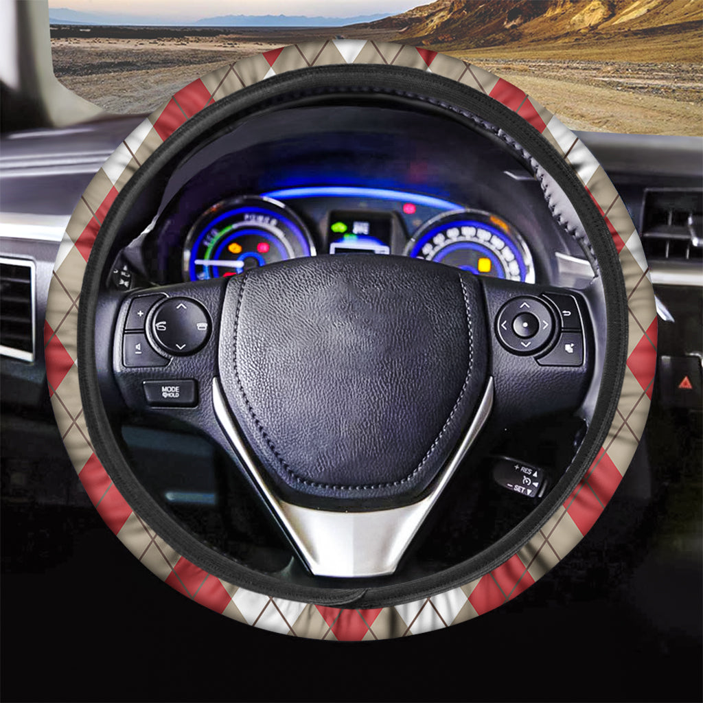 Red White And Beige Argyle Pattern Print Car Steering Wheel Cover