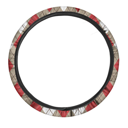 Red White And Beige Argyle Pattern Print Car Steering Wheel Cover