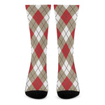 Red White And Beige Argyle Pattern Print Crew Socks