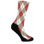 Red White And Beige Argyle Pattern Print Crew Socks