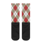 Red White And Beige Argyle Pattern Print Crew Socks