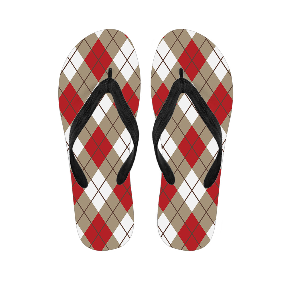 Red White And Beige Argyle Pattern Print Flip Flops