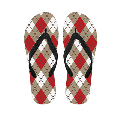 Red White And Beige Argyle Pattern Print Flip Flops