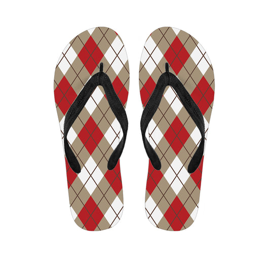 Red White And Beige Argyle Pattern Print Flip Flops
