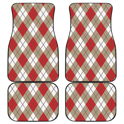 Red White And Beige Argyle Pattern Print Front and Back Car Floor Mats