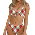 Red White And Beige Argyle Pattern Print Front Bow Tie Bikini