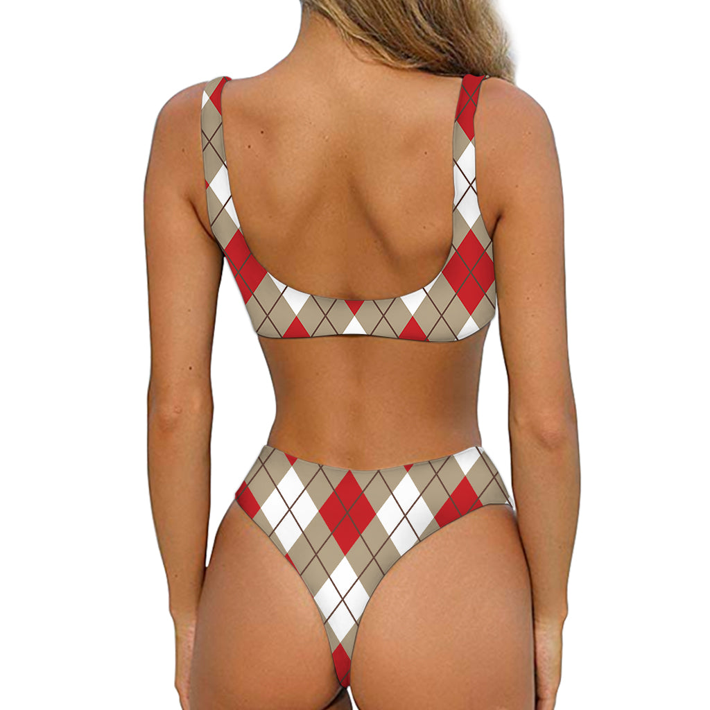 Red White And Beige Argyle Pattern Print Front Bow Tie Bikini