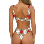 Red White And Beige Argyle Pattern Print Front Bow Tie Bikini