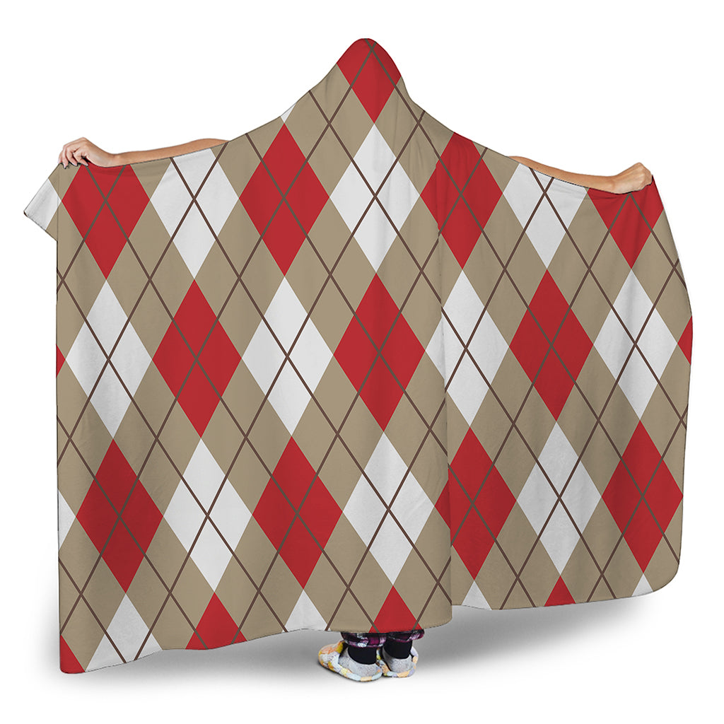 Red White And Beige Argyle Pattern Print Hooded Blanket