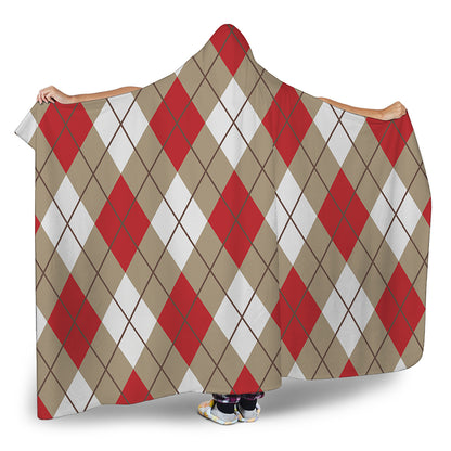 Red White And Beige Argyle Pattern Print Hooded Blanket
