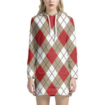 Red White And Beige Argyle Pattern Print Hoodie Dress