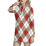 Red White And Beige Argyle Pattern Print Hoodie Dress