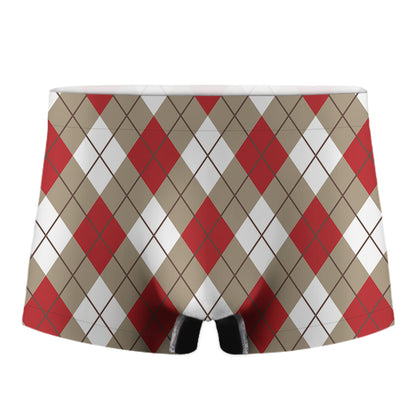 Red White And Beige Argyle Pattern Print Men's Boxer Briefs