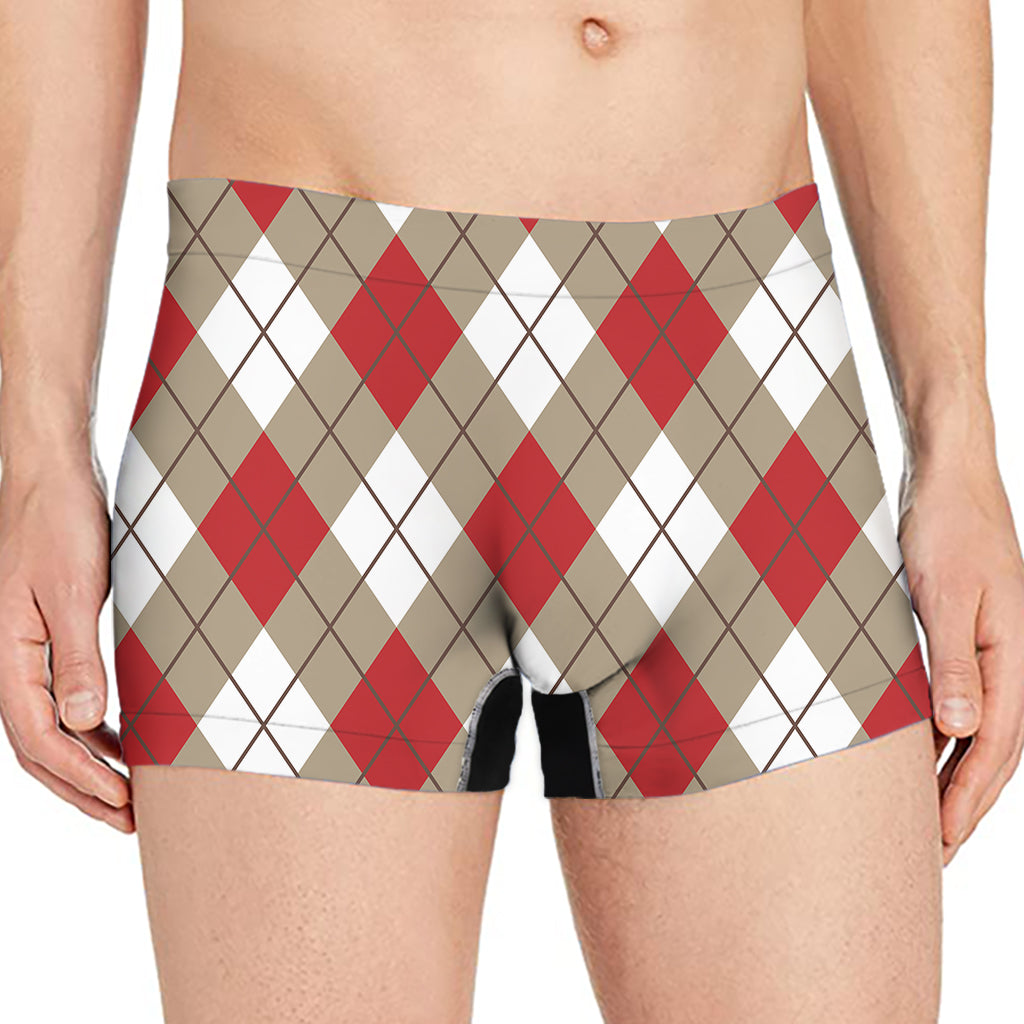 Red White And Beige Argyle Pattern Print Men's Boxer Briefs