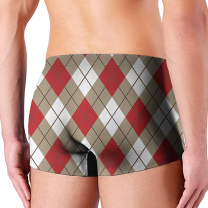 Red White And Beige Argyle Pattern Print Men's Boxer Briefs